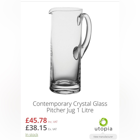 Utopia Contemporary Crystal glass Pitcher jug 1 liter - Picture 1 of 7